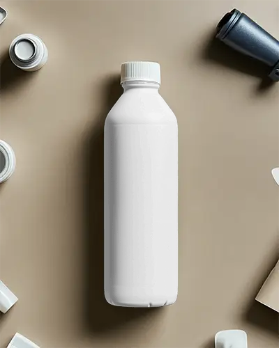 Flatlay Plastic Bottle Mockup On Beige Textured Surface With Random Caps Functional And Simple Style