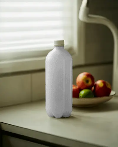 Kitchen Counter Water Bottle Mockup For Beverage Packaging And Branding Presentations