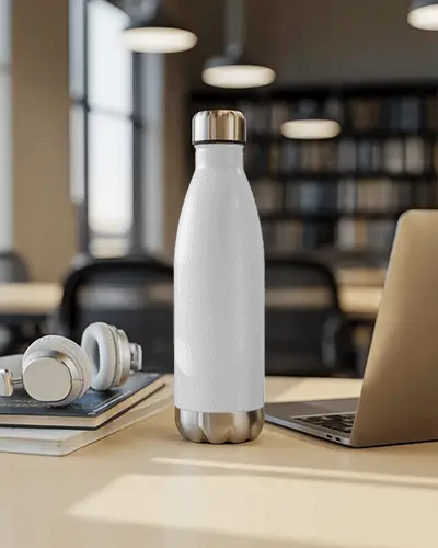 Realistic Insulated Bottle Mockup Showcasing Modern Office Desk Setup And Workspace Style