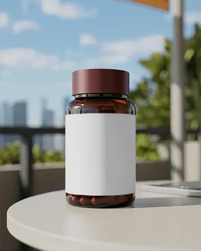Amber Pill Bottle With Childproof Cap Health Supplement Packaging Mockup Outdoor