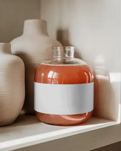 Round Glass Bottle With Wide Neck And Blank Label On Minimalist Decorative Bottel Mockup