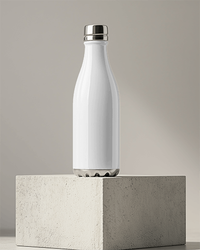 High Quality Metallic Cap Water Bottle Mockup With Artistic Sunset Mountain Print And Sleek Finish