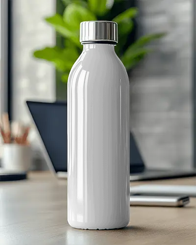 Sleek Metal Cap Plastic Water Bottle Mockup On Workdesk Filled With Water Reflective Surface Modern Office Scene