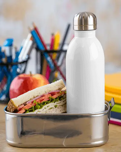 Juice Bottle Mockup Lunchbox Insulated Drink Container With Branded Logo Placed Next To Sandwich And Fruit In Metal Lunch Box Nutritious And Vibrant Aesthetic