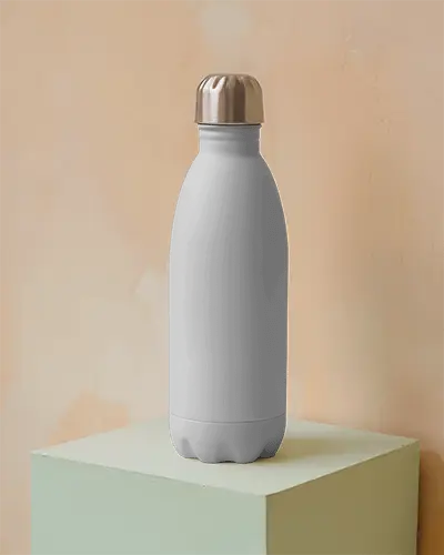 Sleek Modern Bottle Mockup On Minimal Pedestal With Metallic Cap And Soft Neutral Background For Premium Branding Presentation