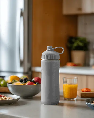 Stylish Bottle Mockup Surrounded By Morning Meal Elements In Contemporary Kitchen Scene Ideal For Nutrition And Health Campaigns