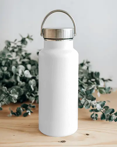 Eco Friendly Plastic Bottle Mockup With Matte Metal Handle Cap Placed On Rustic Table Against Soft Organic Backdrop