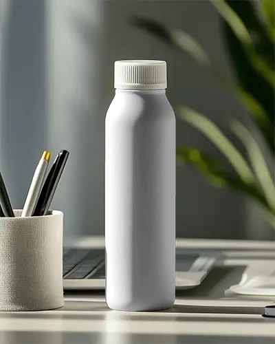 Plastic Bottle Mockup On Modern Work Desk With Cap And Stylish Ideal For Fitness Brand Marketing