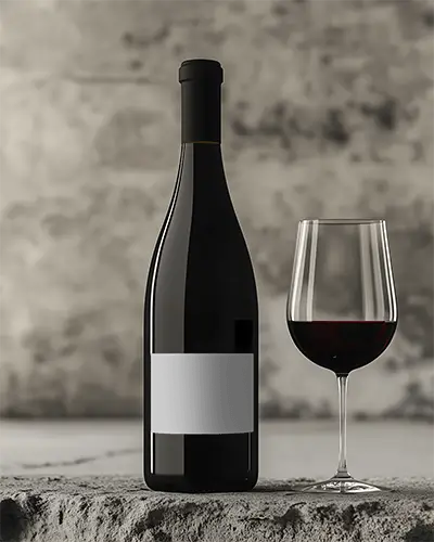 Classic Wine Bottle Mockup On Textured Stone Platform With Gourmet Ambience And Refined Lighting For Vineyard Branding