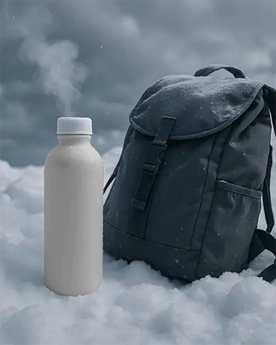 Plastic Bottle Mockup In Snowy Landscape With Steam Effect And Backpack Ideal For Winter And Outdoor Gear Branding