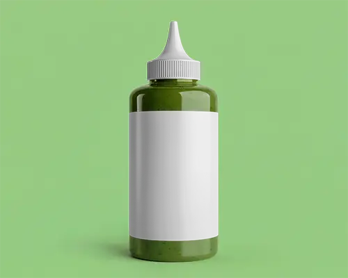 Realistic Sauce Bottle Mockup On Studio Backdrop Minimal Brand Packaging Scene