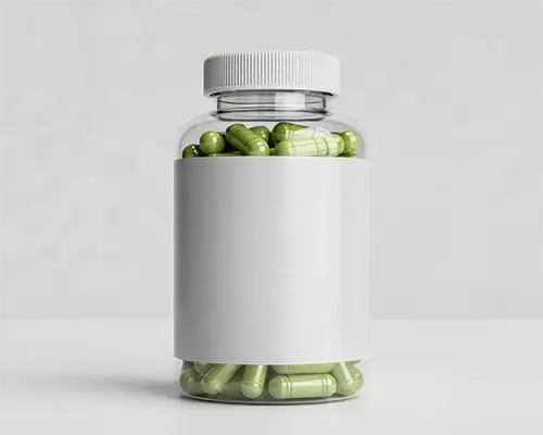Supplement Bottle Mockup Front View Clear Capsule Jar With Blank Label On Minimal Studio Backdrop