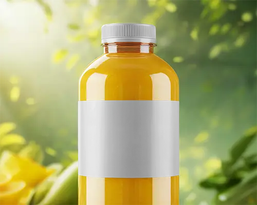 Fresh Orange Juice Bottle Mockup Clean Label Natural Scenic Forest Lighting Healthy Drink