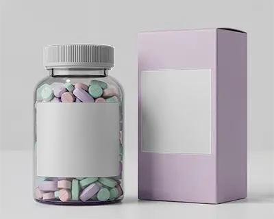 Glass Bottle Mockup With Box Minimal Layout Used For Vitamin Supplement Healthcare Packaging