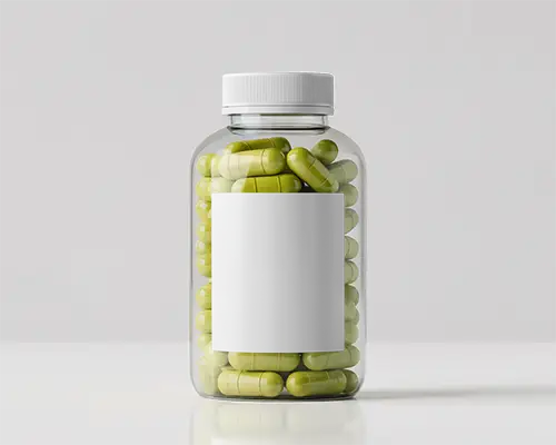 Transparent Glass Bottle Mockup Supplement Capsule Container Packaging On Clean White Surface