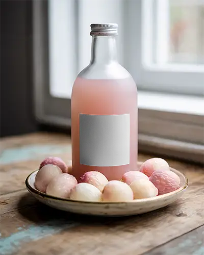 Daylight Window Bottle Mockup With Pink Drink And White Label Surrounded By Fresh Peeled Lychees 0160