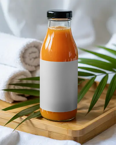 Spa Scene Bottle Mockup Orange Juice In Glass Bottle On Bamboo Tray With Towels And Palm Leaves 0161