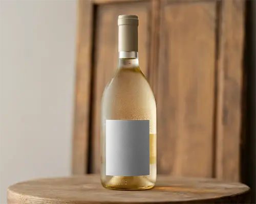 Rustic Wooden Backdrop Bottle Mockup With Condensed Glass And Blank Label On Wooden Stool 0165