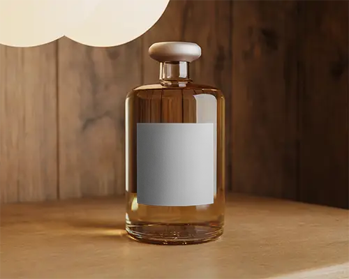 Ambient Wooden Shelf Bottle Mockup With Glass Decanter And Soft Lamp Lighting In Cozy Interior 0166