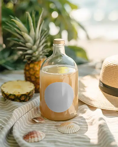 Sunny Coastal Bottle Mockup With Fruity Drink And Hat On Sand Textured Fabric Near Fresh Pineapple 0167
