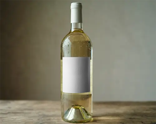 Classic White Wine Bottle Mockup On Wooden Surface Against Neutral Wall With Condensation Details 0168