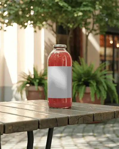 Bottle Mockup For Natural Juice Packaging On Rustic Wooden Table Outdoor Scene