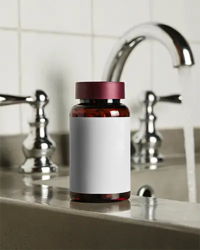 Medicine Bottle Mockup On Bathroom Counter With Running Water Background Display 0208