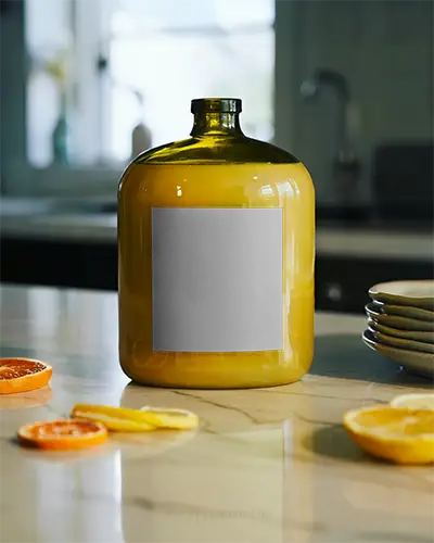 Large Glass Bottle Mockup With Black Label On Marble Countertop For Branding 0212