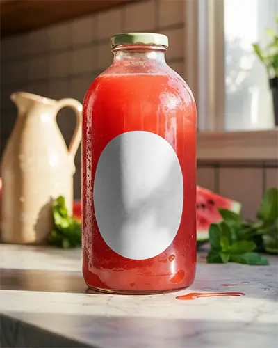 Fresh Fruit Juice Bottle Mockup On Marble Table With Natural Lighting Background 0219