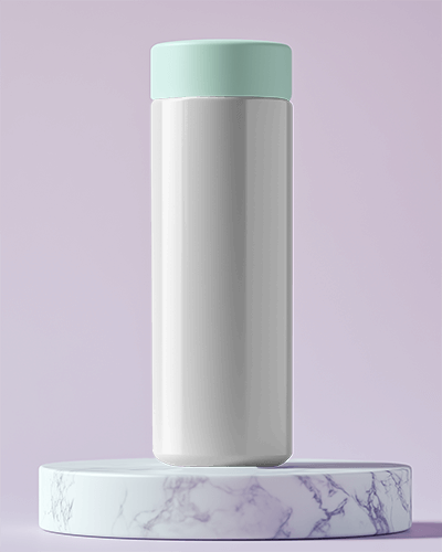 Modern Stainless Steel Bottle Mockup With Mint Green Cap On Marble Podium Minimal And Elegant Design 022
