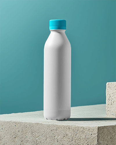 Minimalist Bottle Mockup White Bottle With Blue Cap On Textured Surface Against Teal Background Clean And Modern Design 024