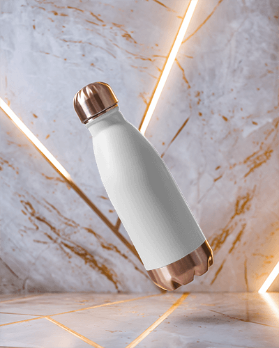 Luxury Bottle Mockup Floating White Bottle With Rose Gold Accents Against Marble And Neon Lighting Premium And Modern Aesthetic 025