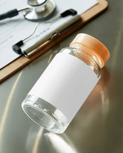 Clear Glass Pharmaceutical Bottle With Blank Label On Reflective Metal Tabletop Mockup
