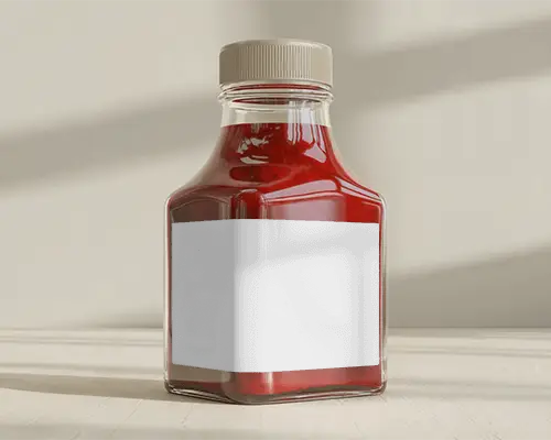 Square Glass Sauce Bottle Mockup With Tamper Evident Cap On Minimalist Background