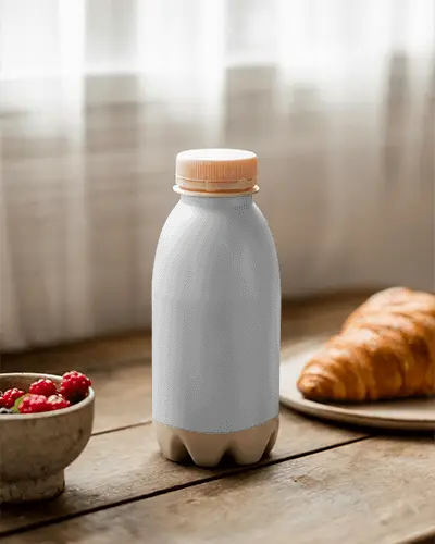 Reusable Customizable Empty Bottle Mockup For Beverages On Wooden Table With Breakfast Setup