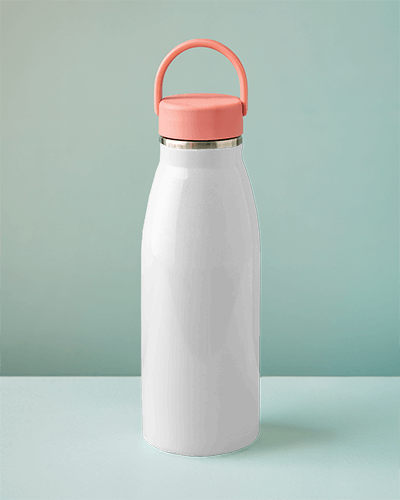 Clean Minimalist Water Bottle Mockup White Bottle With Coral Handle On Pastel Background Soft Lighting 027