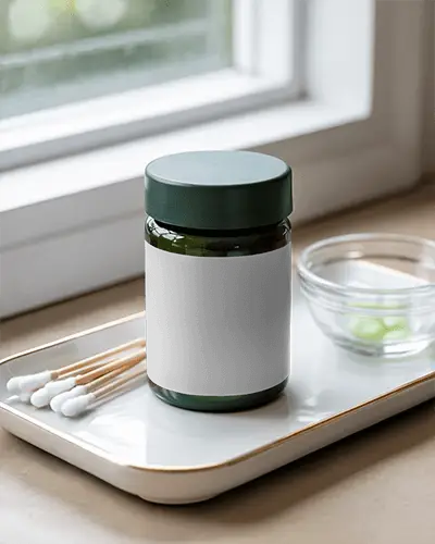 Elegant Jar Bottle Mockup On White Tray Next To Cotton Swabs And Clear Bowl For Display 0271