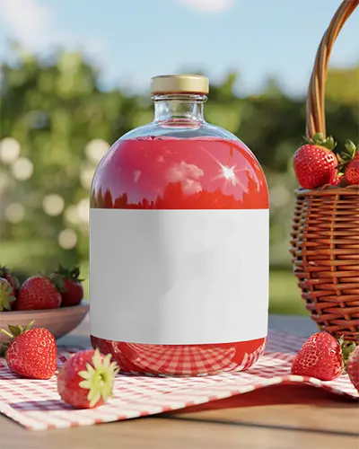 Strawberry Juice Bottle Mockup With Clear Label On Wooden Table Outdoor Setting