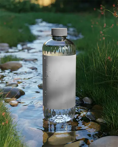 Reusable Plastic Bottle Mockup For Branding On Pebbled Stream Bed With Green Surroundings