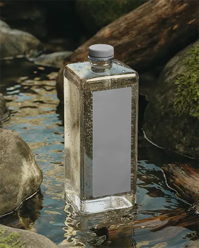 Clear Square Water Bottle Mockup Floating Natural River Environment High Quality Display