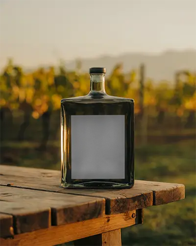 Premium Clear Bottle Mockup Ideal For Spirit Packaging On Wooden Table Vineyard Sunset View