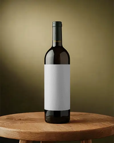 wine-bottle-mockup-dark-glass-with-label-on-wooden-stool-warm-studio-lighting-premium-style