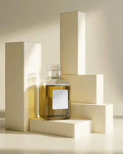 Luxury Bottle Mockup On Geometric Pedestal Soft Golden Lighting High End Visual