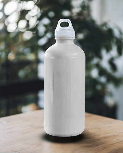Minimalist Metal Water Bottle Mockup On Wooden Table Blurred Greenery Background Soft Natural Lighting 035