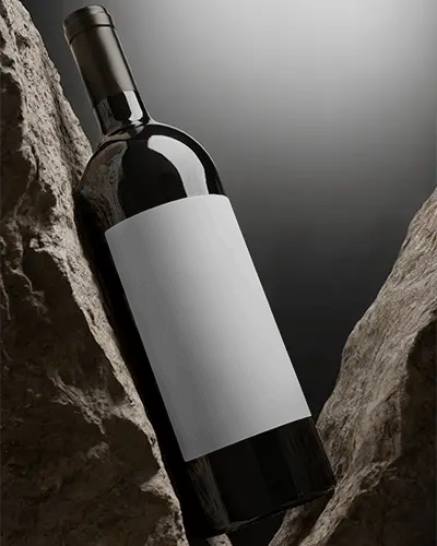 Premium Wine Bottle Mockup Resting On Stone Surfaces Moody And Elegant Luxury Style