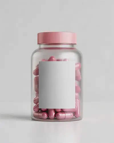 Clear Pill Bottle Mockup For Natural Supplements Or Vitamins With Custom Label Design