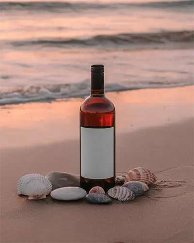 Elegant Wine Bottle Mockup With Seashells On Sandy Beach During Sunset Scene