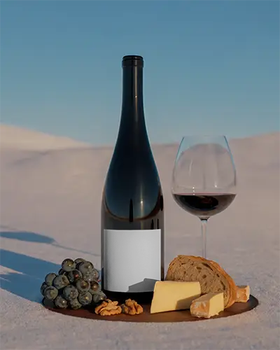 Elegant Wine Bottle Mockup With Grapes Cheese And Bread On Wooden Platter Outdoor Setting