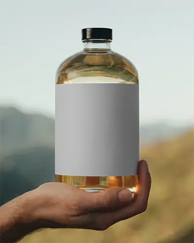 Premium Clear Bottle Mockup Held In Hand With Blank Label For Branding Designs