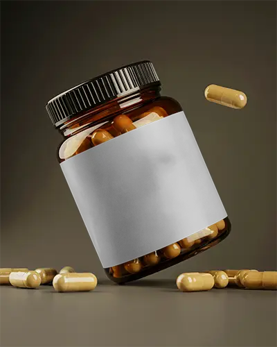 Medical Supplement Bottle Mockup With Scattered Capsules Floating Around Container